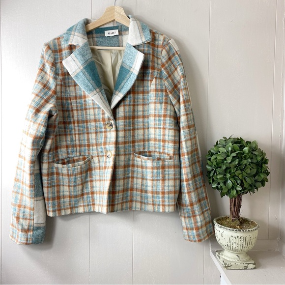 Bibi Brown and Blue Checkered Plaid Jacket One Size - Picture 8 of 8